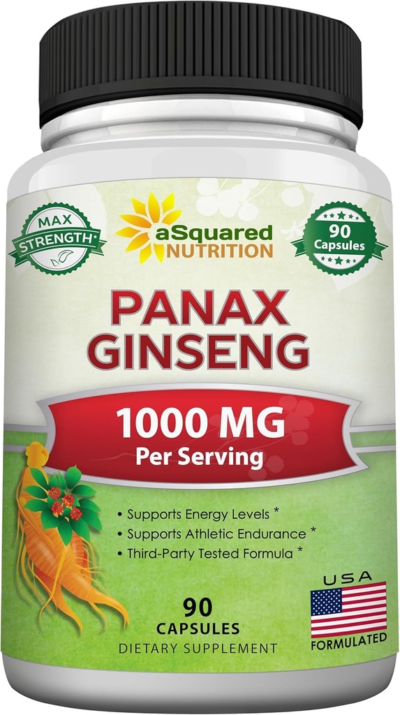 aSquared Nutrition Natural Korean Panax Ginseng (1000mg Max Strength)-90 Capses Root Extract Complex (Red & White), Υψηλής Δοσολογίας Ginsenosides in Seeds, Ασιατικό συμπλήρωμα σκόνης, Tablet Χάπια για την ενέργεια