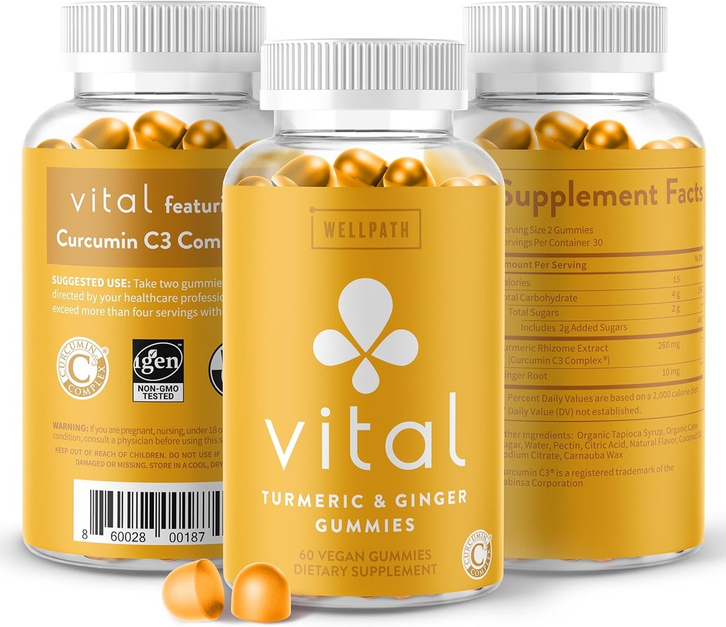 WellPath Vital Turmeric Gummies + Ginger - Κοινή υποστήριξη συμπλήρωμα κουρκουμίνης, Turmeric Curcumin C3 Complex, Νόστιμη εναλλακτική λύση στις κάψουλες, Turmeric & Ginger Root, Tropical Flavor Chews, Vegan, 60 Ct