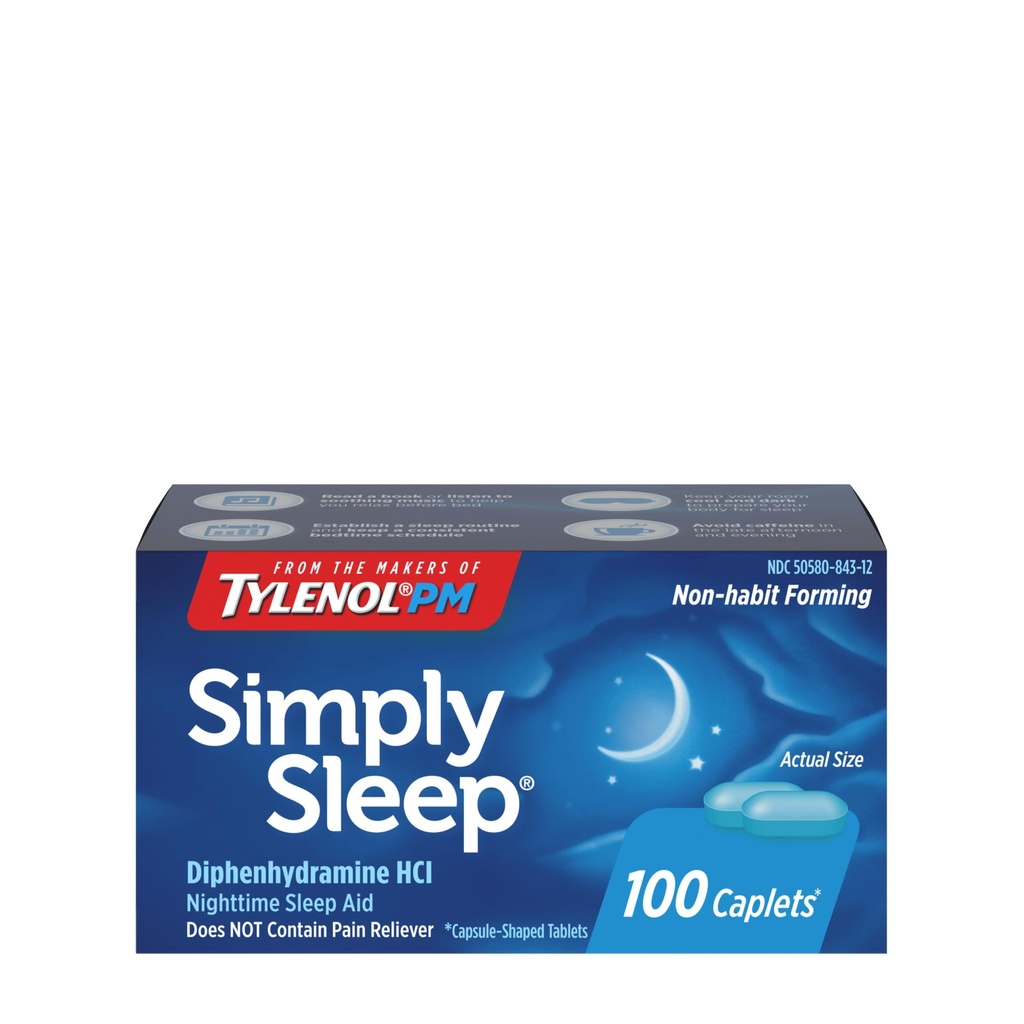 Tylenol Simply Sleep Nighttime Sleep Aid Caplets, 25 mg Diphenhydramine HCl, Non-Habit Forming Sleep Aid for Adults, 100 Count