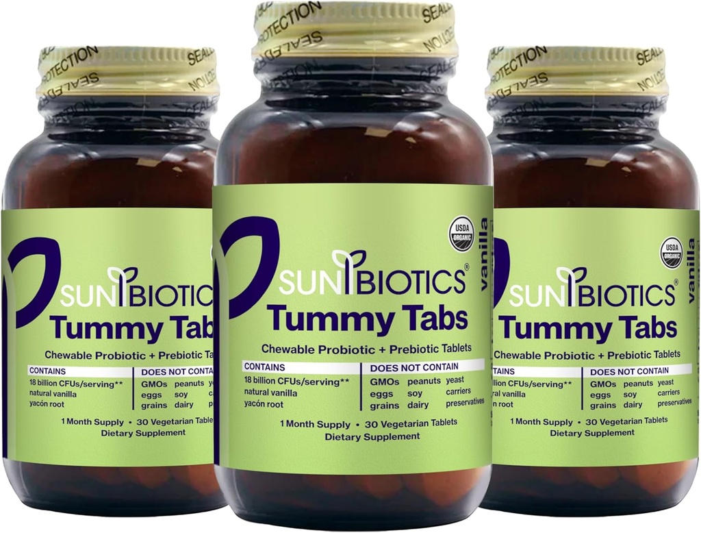 SUNBIOTICS Tummy Tabs - Μασώμενα Probiotic και Prebiotic δισκία με 18 δισεκατομμύρια CFUs 4 Probiotic Strains για Καλή Εντερική Χλωρίδα, Ανοσοποιητικό Σύστημα, & Ισορροπημένη Μικροβιομή - Βανίλια, (Pack of 3)