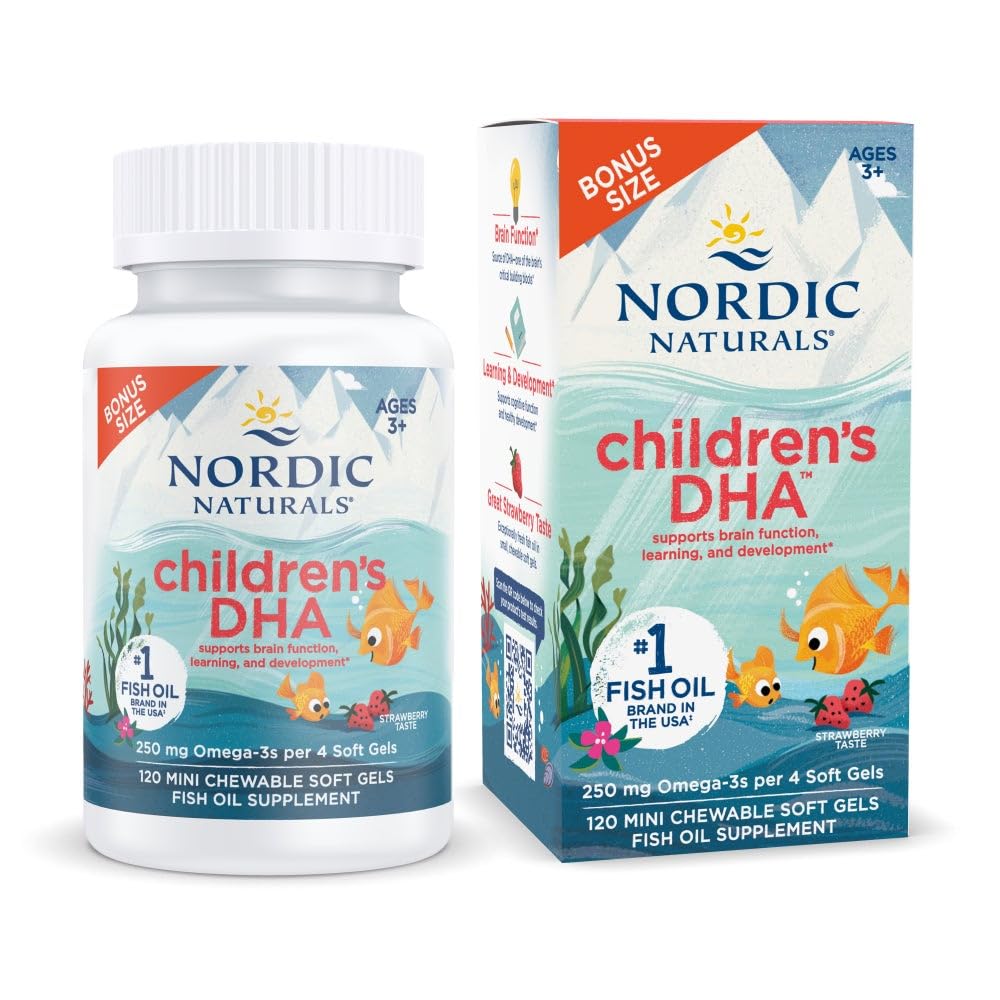 Nordic Naturals Children’s DHA, Strawberry - 120 Mini Chewable Soft Gels for Kids - 250 mg Omega-3 με EPA & DHA - εγκεφαλική ανάπτυξη & λειτουργία - Non-GMO - 30 Services