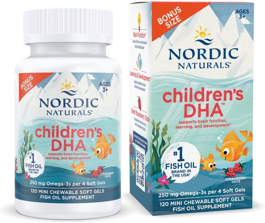 Nordic Naturals Children’s DHA, Strawberry - 120 Mini Chewable Soft Gels for Kids - 250 mg Omega-3 με EPA & DHA - εγκεφαλική ανάπτυξη & λειτουργία - Non-GMO - 30 Services