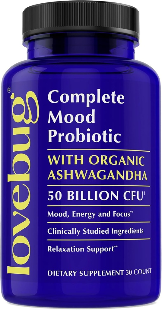 LoveBug Complete Mood Probiotics for Women - 50 Billion CFU, 10 Κλινικά Σπουδασμένα Strains, Lactobacillus Bifidobacterium Probiotic with Ashwagandha Digestive Health, Mood Supplement, 30 Count