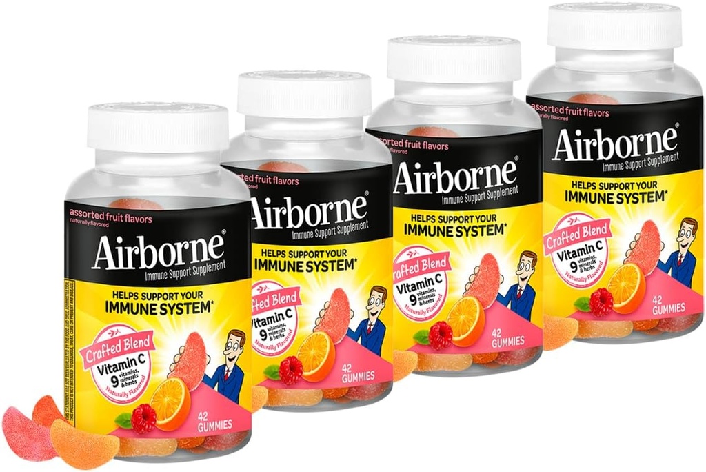 Airborne 750mg Βιταμίνη C Ανοσοποιητικό συμπλήρωμα υποστήριξης Gummies για ενήλικες, Ποικιλία Fruit Flavor, Gluten Free Crafted Blend με Ισχυρές Αντιοξειδωτικές Βιταμίνες A C & E, 42 Gummies (4 Pack)