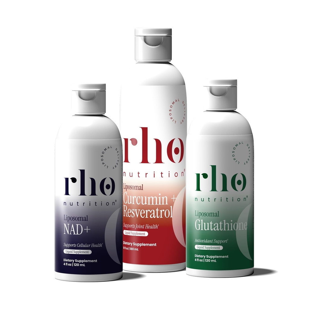 Rho Nutrition - Cellular Health Essentials Bundle – Υγρά Liposomal Συμπληρώματα για Υγιεινή Γήρανση & Κυτταρική Υποστήριξη - NAD+, Κουρκουμίνη + Resveratrol, & Glutathione (3 Pack)