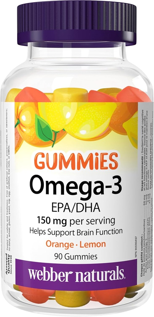 Webber Naturals Omega-3 Gummies 50 mg EPA/DHA · EPA/DHA, Orange · Cherry · Lemon, 90 Gummies