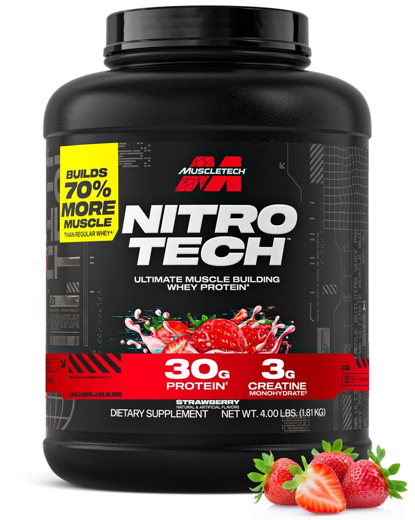 Muscletech Whey Protein Powder (Strawberry, 4 Λίρες) - Nitro-Tech Ultimate Myster Building Formula με Whey Protein Isolate - 30g πρωτεΐνης, 3g Creatine & 6,8g BCAA - Συσκευασία Μαΐου Vary