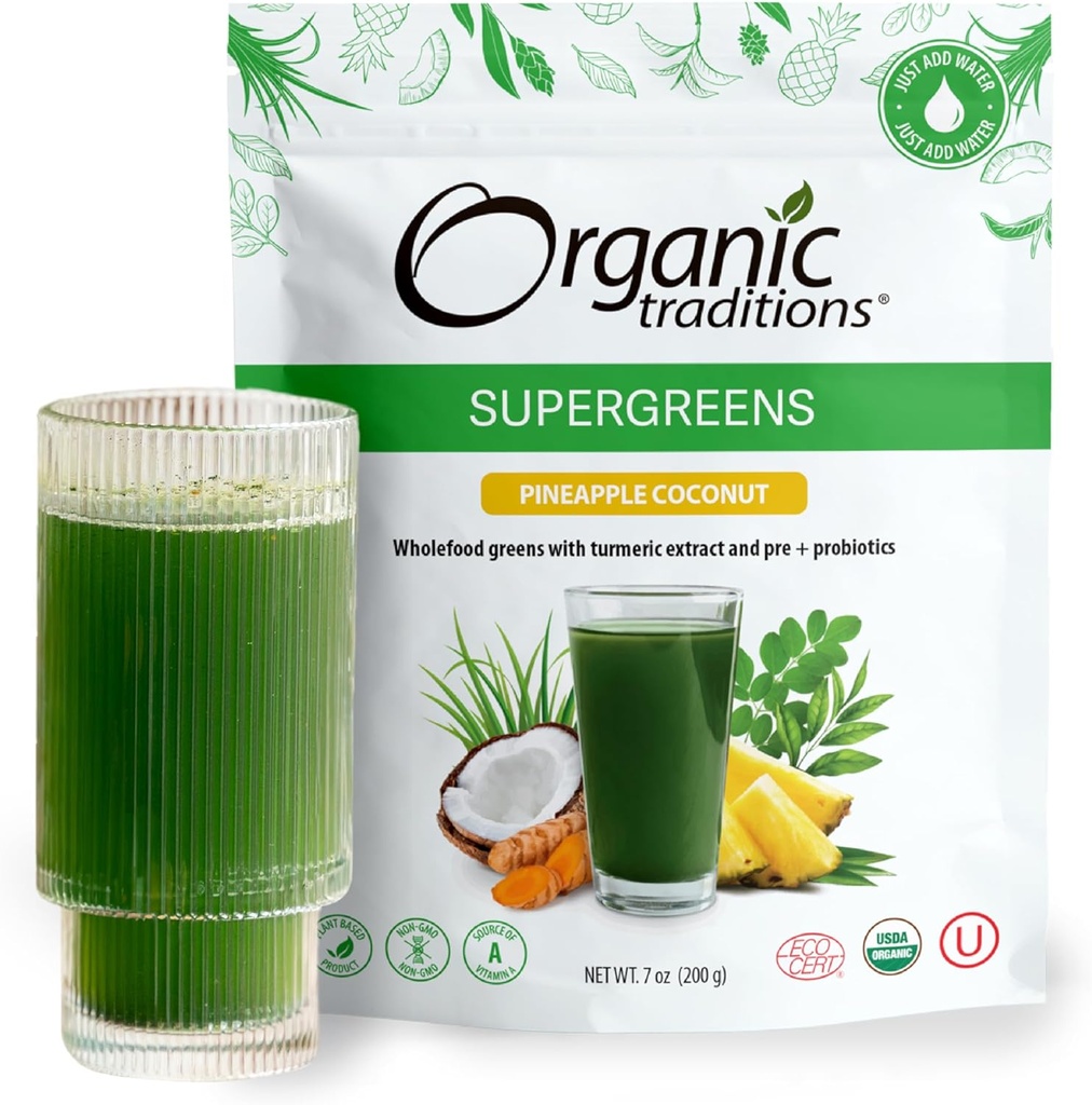 Βιολογικές Παραδόσεις Super Greens Σκόνη Superfood με Turmeric, Ανανάς Καρύδα Γεύση Βιολογικά Πράσινα Superfood Σκόνη, 200g / 7oz Τσάντα