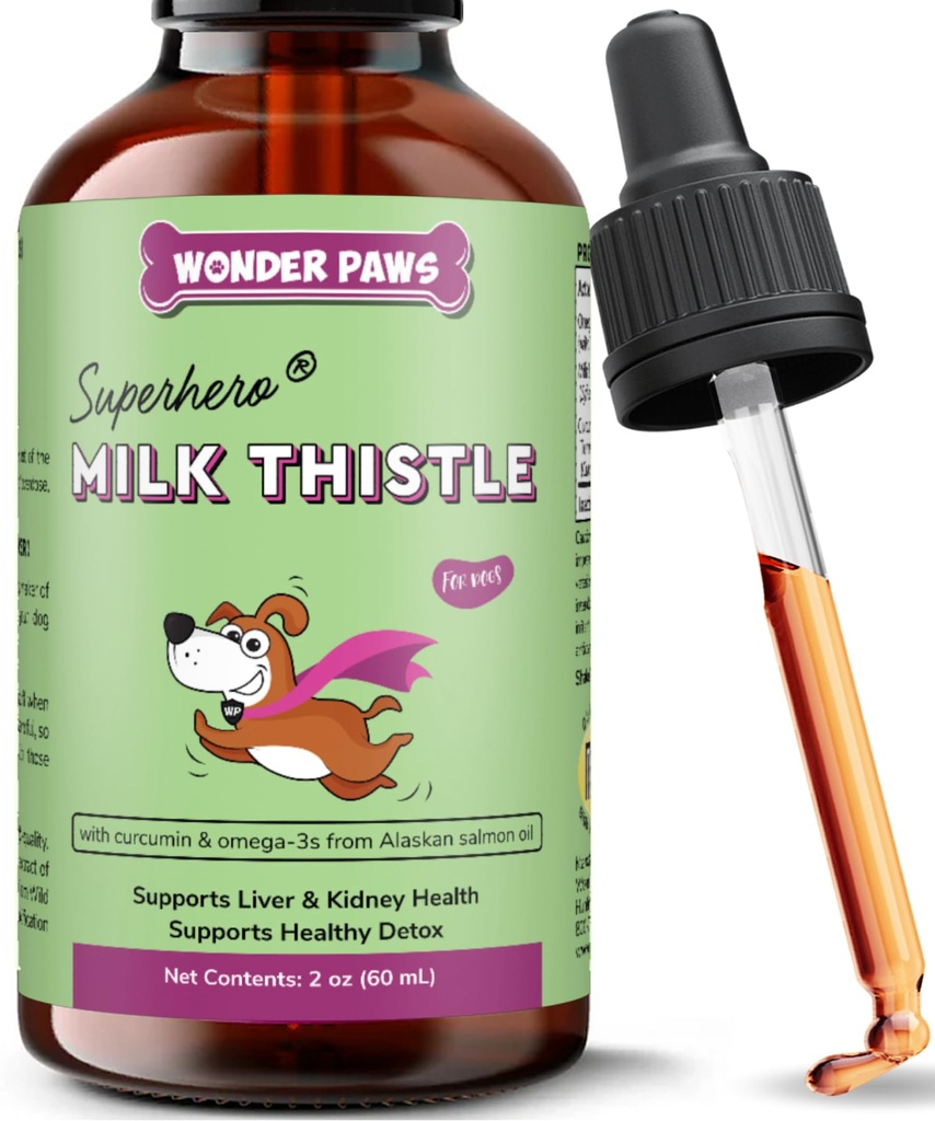 Wonder Paws γάλα γαϊδουράγκαθο, υποστήριξη του ήπατος για τα σκυλιά, υποστηρίζει λειτουργία νεφρών για τα κατοικίδια ζώα, Detox, ηπατική υποστήριξη, με την άγρια Αλάσκας σολομός Έλαιο & κουρκουμίνη, Ωμέγα 3 EPA & DHA (2 Oz)