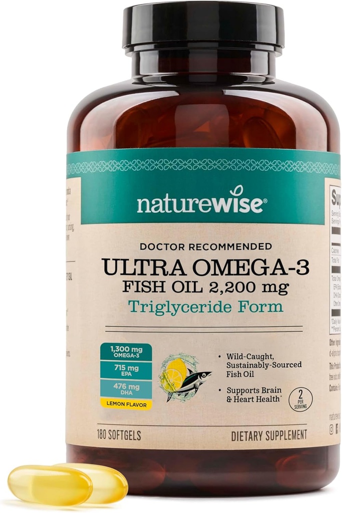 NatureWise Ultra Omega 3 Fish Oil 2200 mg - Μορφή τριγλυκεριδίων - Λεμόνι Γεύση - Αγριοπαγωμένο ιχθυέλαιο + EPA & DHA - Υποστηρίζει τον εγκέφαλο και την καρδιά Υγεία - Burpless, μη GMO - 180 Softgels[3-Month Supply]