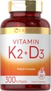 Carlyle Vitamin K2 D3 Supplement | 300 Softgels | 200mcg K2 MK7 & 10,000 IU D3 | Non-GMO, Gluten Free