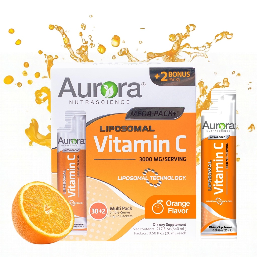 Vida Lifescience Aurora Nutrascience Mega-Pack Liposomal Vitamin C, Immune Support, 3.000 mg per Serving, Vegan, Gluten Free, Non-GMO, 32 Single Servet Packets, Orange