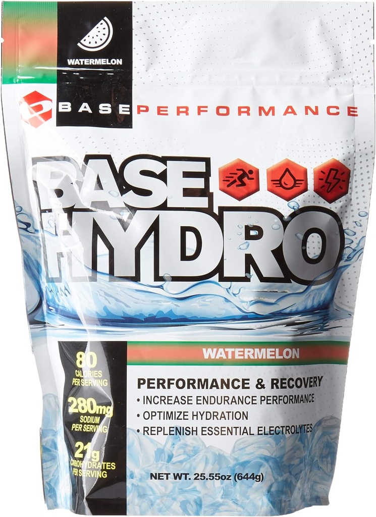 BASE Performance Hydro - Watermelon | 28 Servings Within Each eco-Friendly Mylar Bag | Blend of Dextrose, Fructose, maltodextrin and Essential Electrolytes. (Watermelon)
