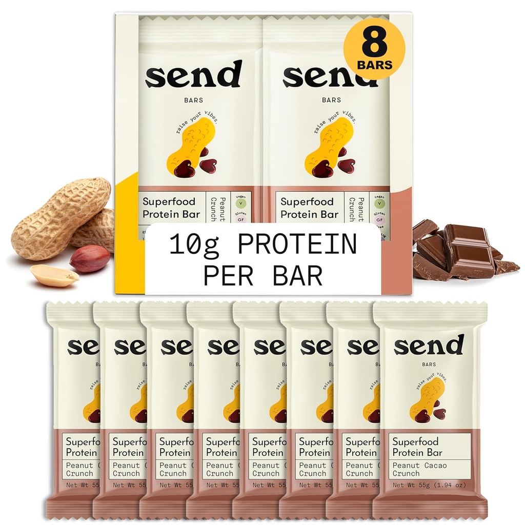 Αποστολή μπαρ με βάση το φυτό Vegan Healthy Protein Bars, Με Πράσινα (Peanut Cacao Crunch, 8 Bars) – Μόνο πραγματικά συστατικά, Μηδενική Προστιθέμενη ζάχαρη, Χωρίς γλουτένη, Χωρίς γαλακτοκομικά