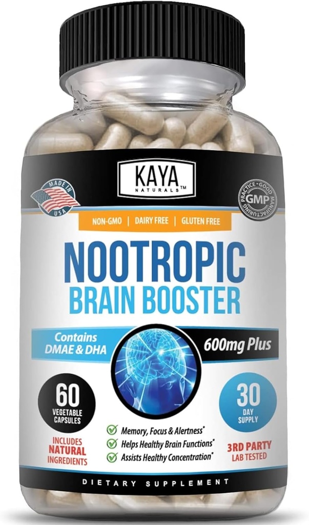 Kaya Naturals - Nootropic Brain Booster - για Μνήμη & Εστίαση - Συμπλήρωμα υποστήριξης εγκεφάλου - Εστίαση & Συγκέντρωση & Ακρίβεια μάθησης - Γνωστική λειτουργία - 60 κόμης