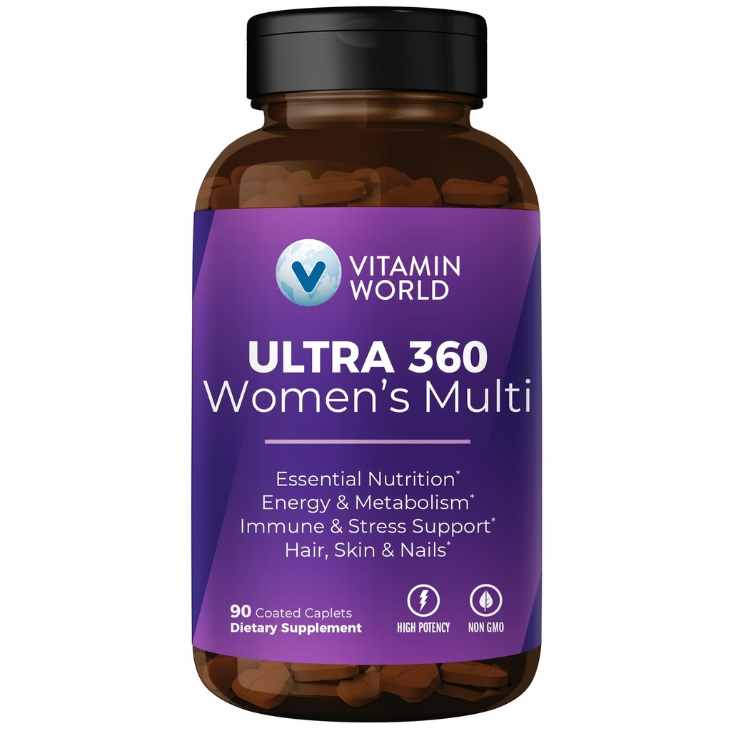 Βιταμίνη World Ultra 360 Πολυβιταμίνη για γυναίκες, Πολυβιταμίνη για γυναίκες με βότανα & κολλαγόνο για μαλλιά, δέρμα & νύχια, Συμπλήρωμα με σίδηρο, βιταμίνη Α, Β, C, D, Ε για την ενέργεια & ανοσοποιητική υποστήριξη, 90 Caplets