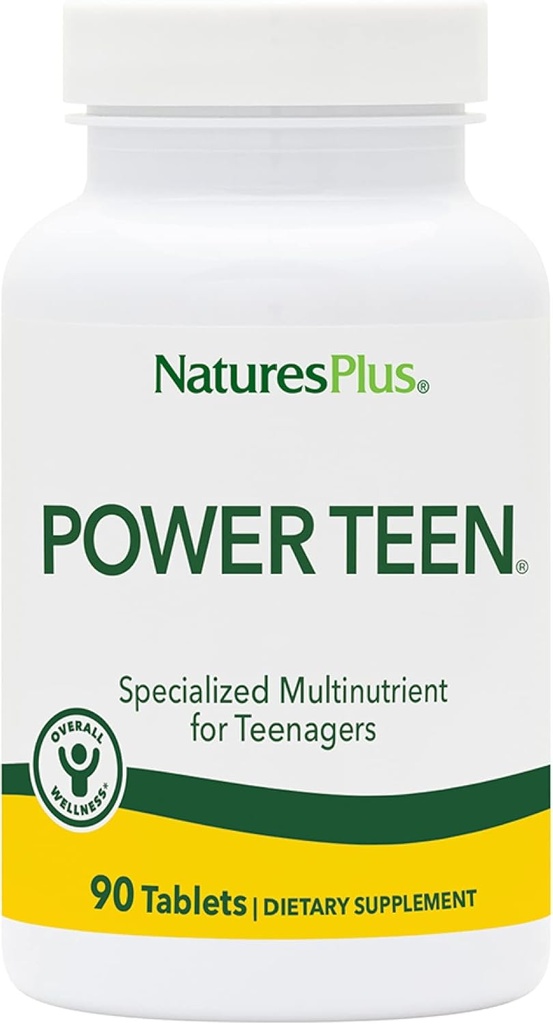 Natures Plus Source of Life Power Teen - 90 Vegetarian Tablets - Εφηβική Πολυβιταμίνη με Ορυκτά & Ολόκληρα Τρόφιμα για Ψυχική Εστίαση, Ενέργεια Booster - Χωρίς Γλουτένη - 45 Σερβιέτες