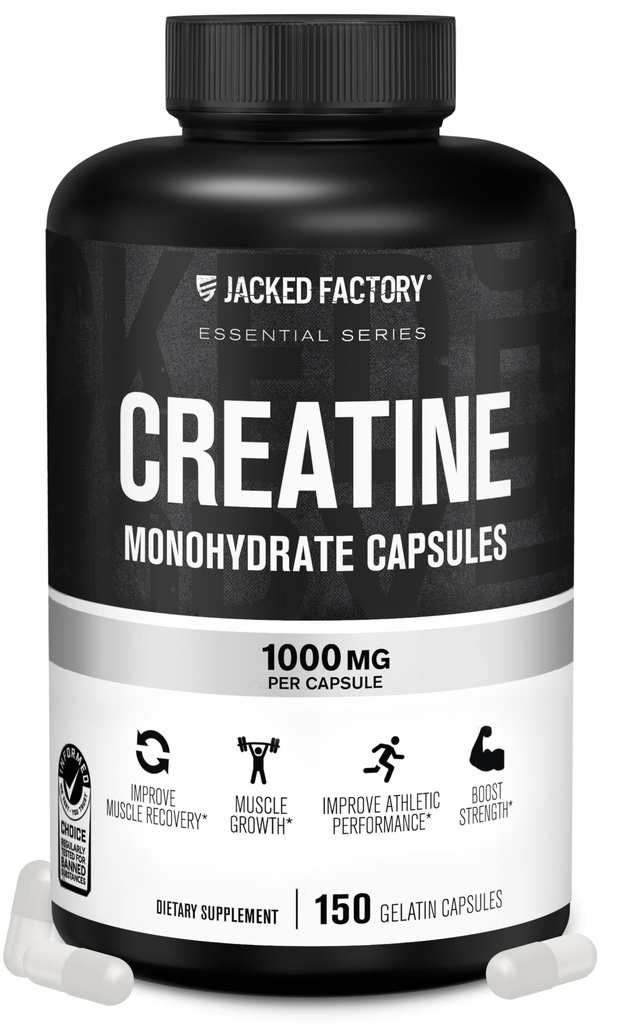 Jacked Factory Creatine Monohydrate Κάψουλες - Χάπια Creatine για την ανάπτυξη των μυών, αυξημένη δύναμη, αυξημένη παραγωγή ενέργειας και βελτιωμένη αθλητική απόδοση - 150 κάψουλες