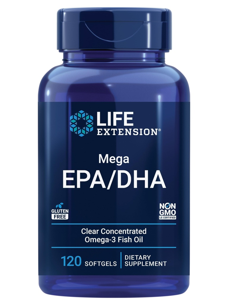 Επέκταση ζωής Mega EPA/DHA, Ωμέγα-3 Λιπαρά οξέα, Heart & Brain Health, Μη ΓΤΟ, Χωρίς γλουτένη, 120 softgels
