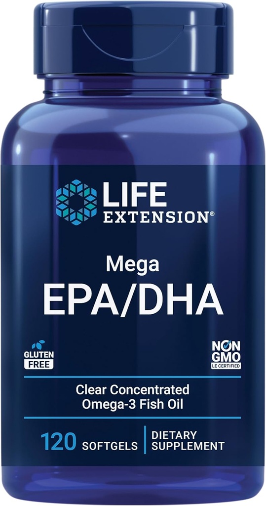 Επέκταση ζωής Mega EPA/DHA, Ωμέγα-3 Λιπαρά οξέα, Heart & Brain Health, Μη ΓΤΟ, Χωρίς γλουτένη, 120 softgels