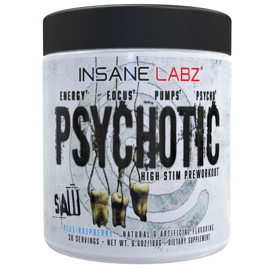 Insane Labz Psychotic SAW, High Stim Pre Workout Powder με OxyGold-TM και AMPiberry®,Extreme Διαρκής Ενέργεια με Teacrine®,Focus με CognitIQ® και Αντοχή (30 Services (Pack of 1), Blue Raspberry)