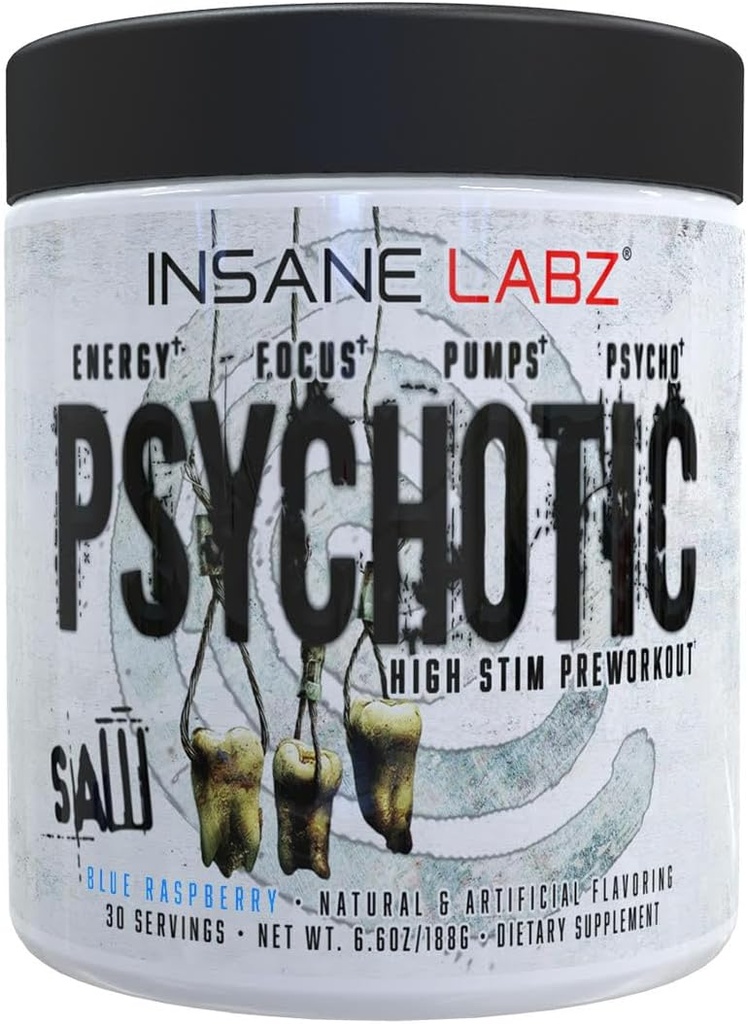 Insane Labz Psychotic SAW, High Stim Pre Workout Powder with OxyGold­™ and AMPiberry®,Extreme Lasting Energy with Teacrine®,Focus with CognitIQ® and Endurance (30 Servings (Pack of 1), Blue Raspberry)