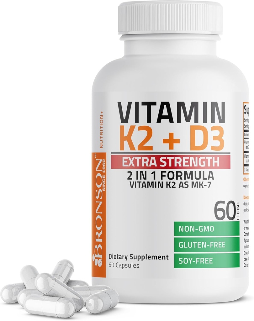 Bronson Vitamin K2 (MK7) with D3 Extra Strength Supplement Bone Health Non-GMO Formula 10,000 IU & 120 mcg MK-7 Easy to Swallow D K, 60 Capsules