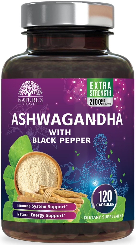 Ashwagandha Συμπληρώματα 2100mg - Extra Strength Ashwagandha Powder & Root Extract με μαύρο πιπέρι για μέγιστη απορρόφηση, φυτικά συμπληρώματα αντιοξειδωτικών για γυναίκες & άνδρες, Vegan, μη-GMO - 120 κάψουλες