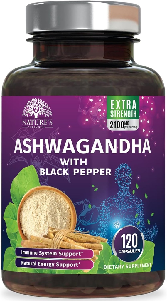 Ashwagandha Συμπληρώματα 2100mg - Extra Strength Ashwagandha Powder & Root Extract με μαύρο πιπέρι για μέγιστη απορρόφηση, φυτικά συμπληρώματα αντιοξειδωτικών για γυναίκες & άνδρες, Vegan, μη-GMO - 120 κάψουλες