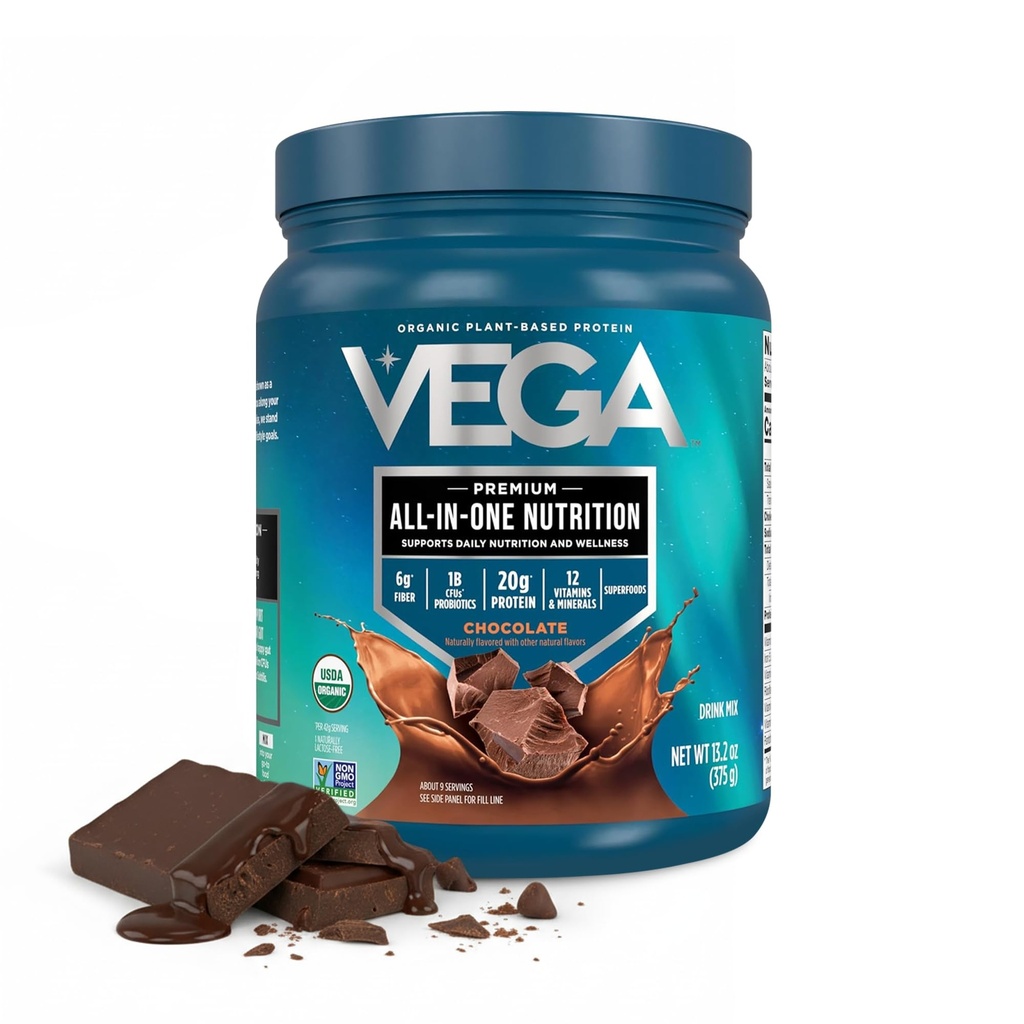 Vega Organic All-in-One Vegan Protein Powder, Σοκολάτα - Superfood Συστατικά, Βιταμίνες για την υποστήριξη της ανοσίας, Keto Friendly, Pea Protein for Women & Men, 13.2 oz (Packaging May Vary)