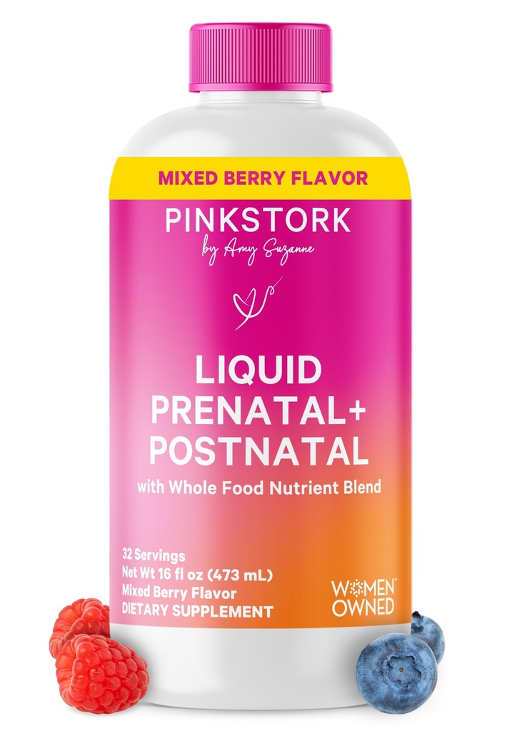 Pink Stork Liquid Προγεννητικές Βιταμίνες για γυναίκες - Berry Flavor - Βιολογικό Μείγμα Τροφίμων - Γονιμότητα, Εγκυμοσύνη, Επιλόχεια Απαραίτητα - Πρωινή Υποστήριξη Ασθένειας - Θηλασμός & Γαλουχία - 32 Υπηρεσίες
