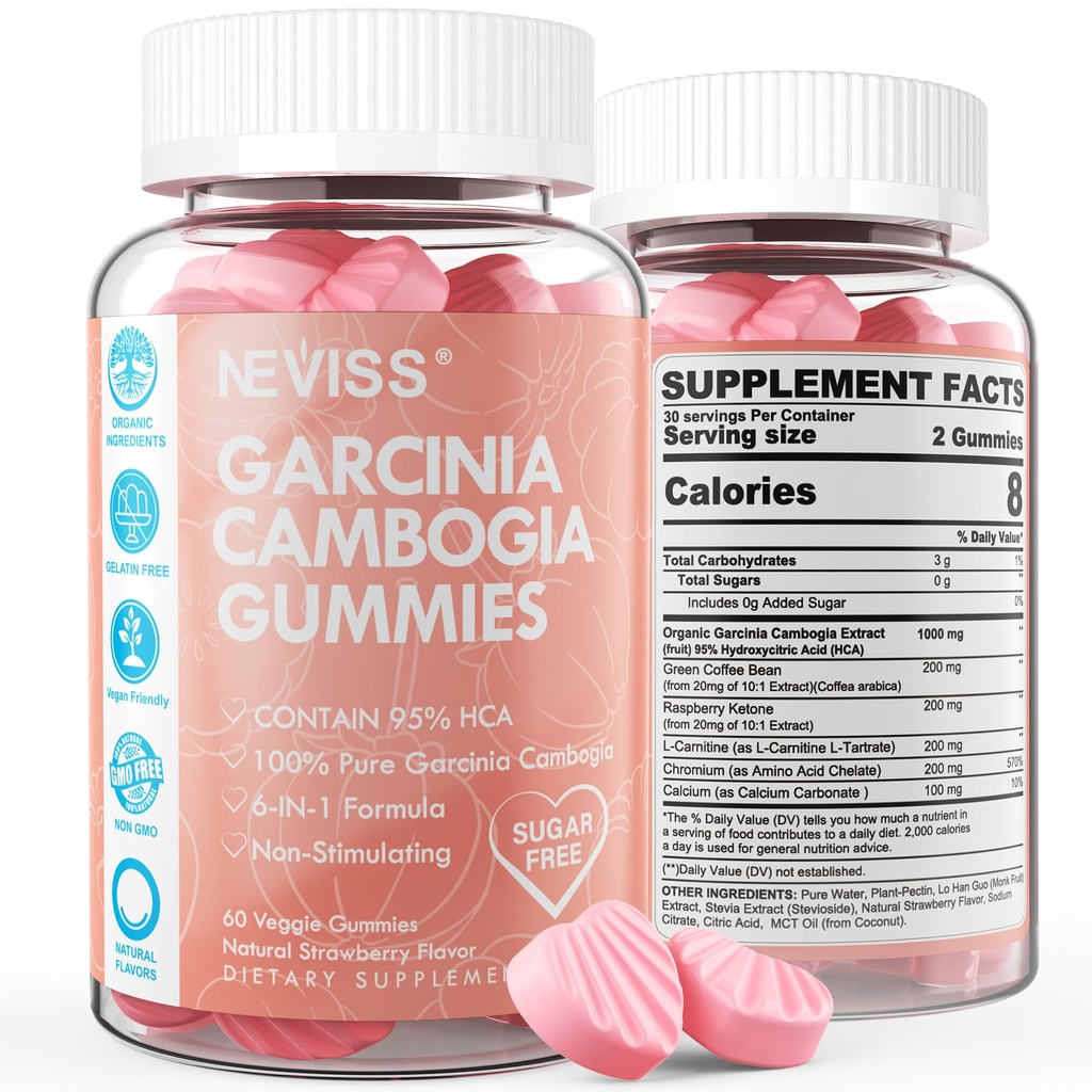 Χωρίς ζάχαρη Garcinia Cambogia Gummies 1000mg 95% HCA Καθαρό εκχύλισμα με L-καρνιτίνη, Βατόμουρο Κετόνη, Χρώμιο, Πράσινο Coffee Bean για Μεταβολισμό, 100% Βιολογικό εκχύλισμα, Vegan, Φράουλα Γεύση 60 κοχ