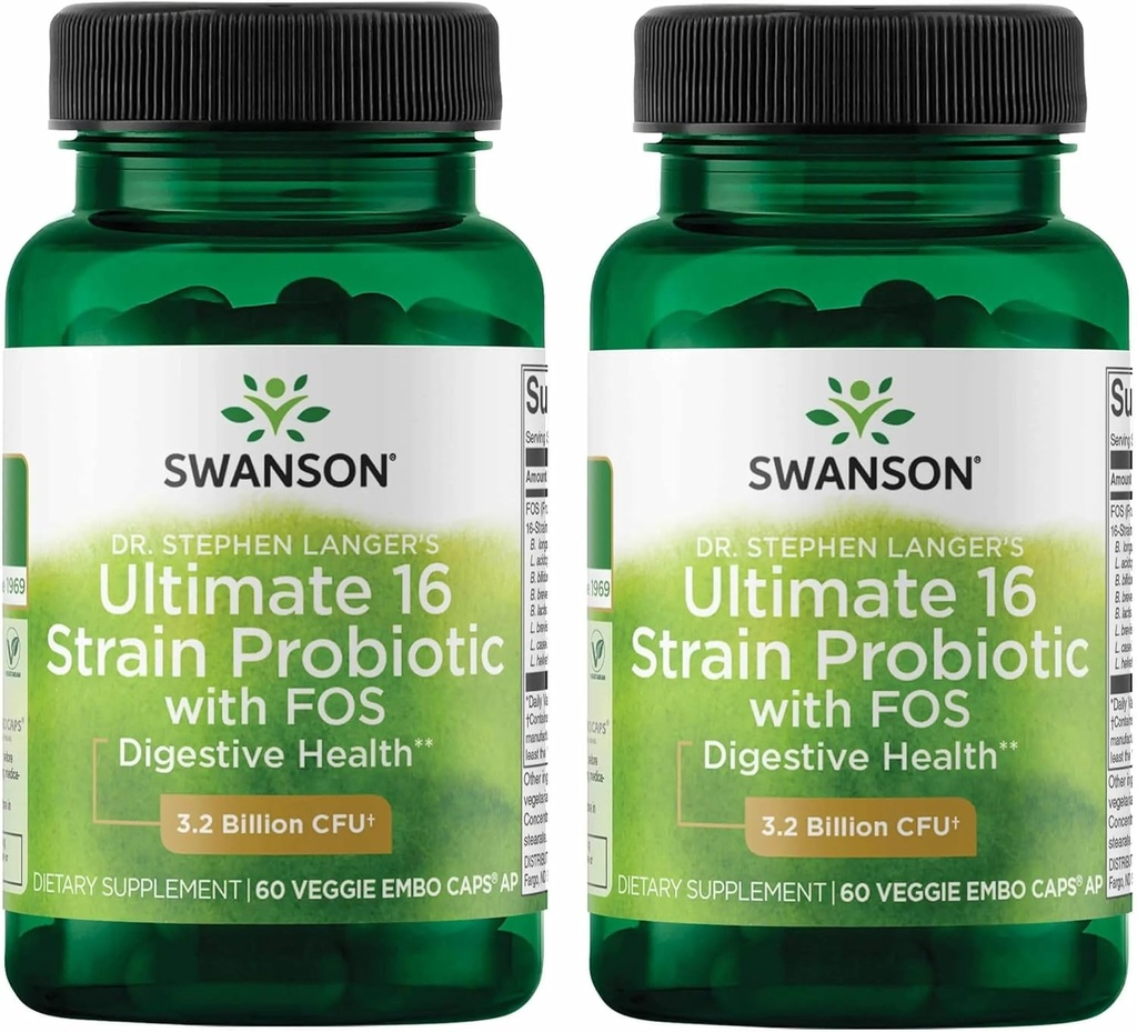 Swanson Dr. Stephen Langer's Formula - Φυσικό Probiotic w/Prebiotic FOS - 16-Strain Supplement Promoting Digestive Support w/ 3.2 Δισεκατομμύρια CFU ανά κάψουλα - (60 Veggie Κάψουλες) 2 Pack