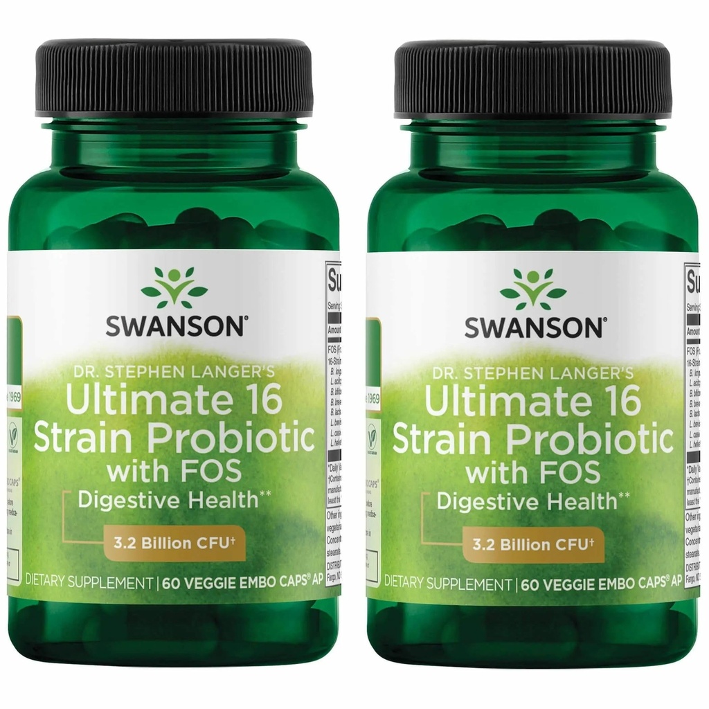 Swanson Dr. Stephen Langer's Formula - Φυσικό Probiotic w/Prebiotic FOS - 16-Strain Supplement Promoting Digestive Support w/ 3.2 Δισεκατομμύρια CFU ανά κάψουλα - (60 Veggie Κάψουλες) 2 Pack
