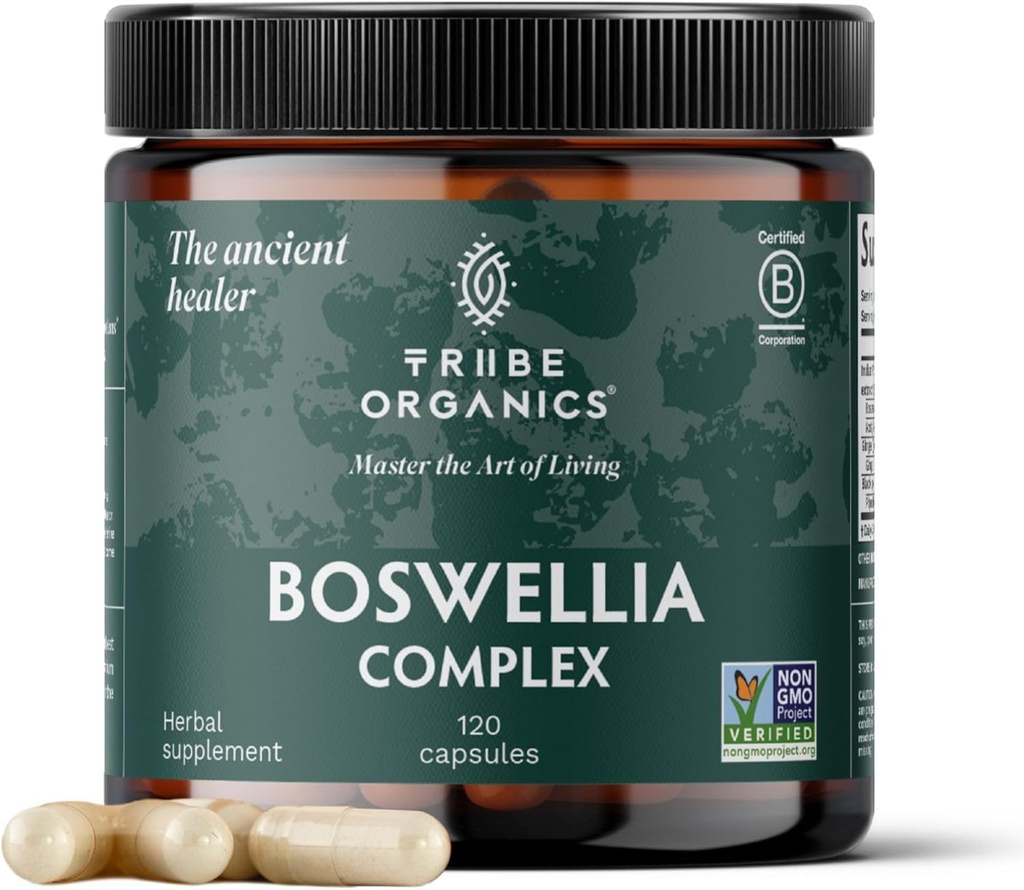 TRIBE ORGANICS Boswellia Serrata Complex Supplement για κοινή υποστήριξη, ανακούφιση των μυών - Χορτοφαγική μη ΓΤΟ 120 κάψουλες, υψηλή ισχύς - Boswellin Super με εκχύλισμα τζίντζερ & μαύρο πιπέρι - 420mg