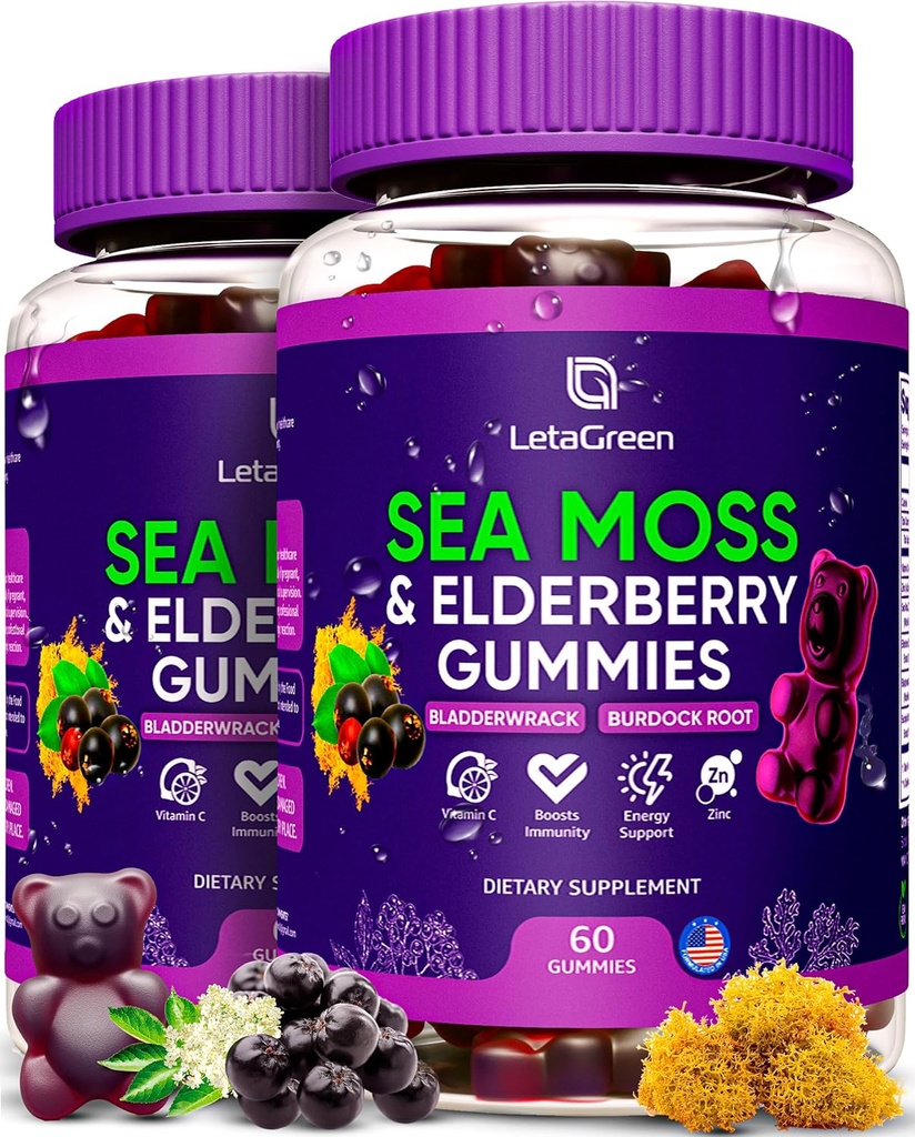 Irish Sea Moss Gummies – Sea Moss Bladderwrack Burdock Elderberry – 60 Vegan Seamoss Bears – Elderberry Gummies for Kids & Adults with Vitamin C & Zinc (Pack of 2)