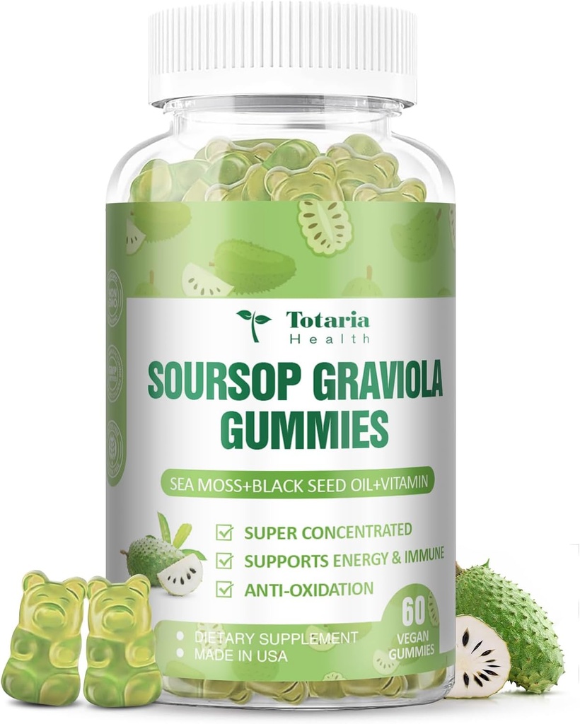 Totaria Sugar Free Soursop Oil Graviola Sea Moss Gummies - Υποστήριξη Digestive Sleep Skin Health, Immunity & Antioxidant - Guanabana Φρούτα με θαλάσσια Moss, 150mg Μαύρο Έλαιο Σπόρων Βιολογικό Μη-GMO Vegan