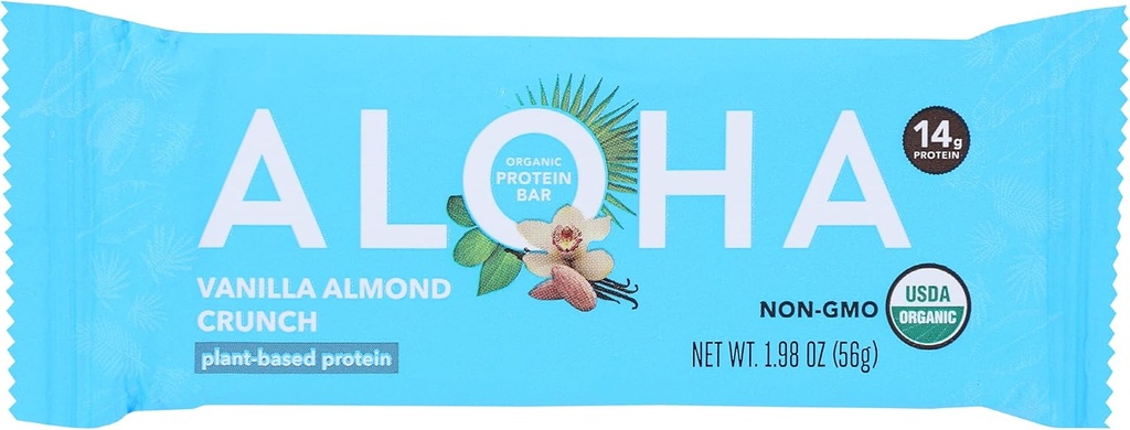 Aloha Organic Vanilla Almond Crunch Protein Bars, 14g Plant-Based Protein, USDA Certified Organic, Gluten Free & Non-GMO, 1.9 Oz (Pack of 12)