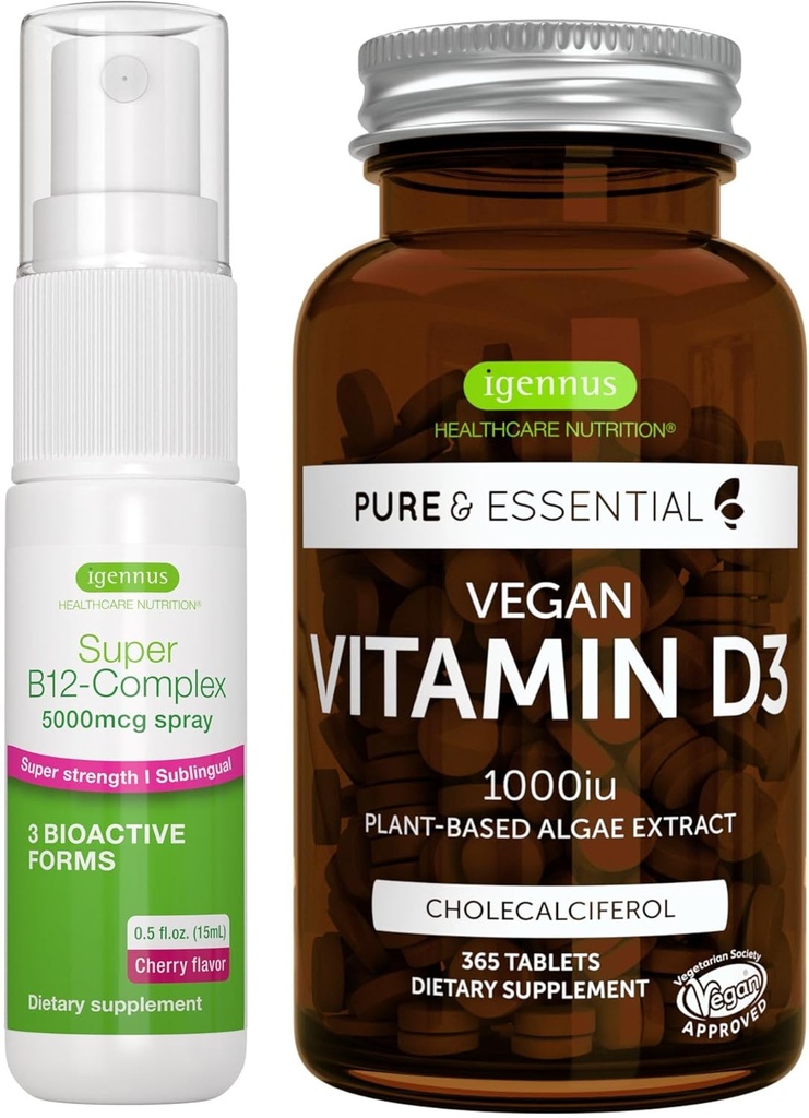 Vegan Vitamin D3 + Super B12- Complex 5000mcg Vegan Bundle, 365 1000iu Vitamin D3 Tablets + Υψηλή δύναμη B12 Cherry Flavor Sublingual Spray, από τον Igenus