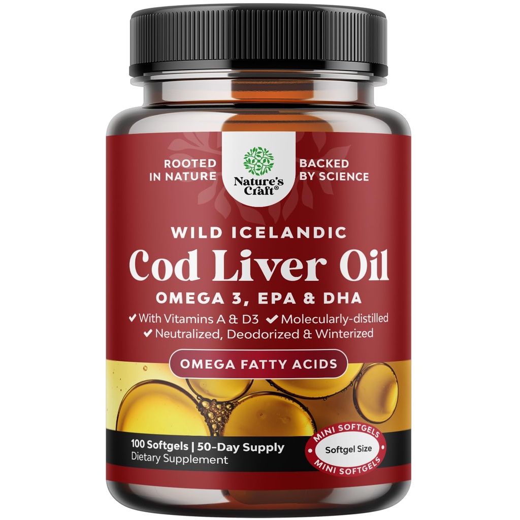 Ισλανδικό Άγριο Πιάστηκε Cod Liver Oil Softgels - Ψάρια Ωμέγα 3, EPA, DHA, βιταμίνη D & A, 1000mg ανά υπηρεσία - Άψογες κάψουλες για την καρδιά, κοινή, εγκέφαλος & ανοσοποιητική υποστήριξη - 100 κόμης