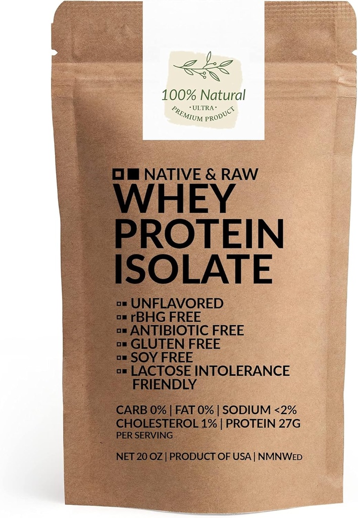 Ιθαγενής και ακατέργαστη πρωτεΐνη Whey Isolate, Unflavored, 0% υδατάνθρακες, χαμηλή χοληστερόληSodium, rBGH Free, Antibiotic Free, Χωρίς γλουτένη, Χωρίς σόγια, Καλό για Keto, Παλαιό, και δυσανεξία λακτόζης, 20 Oz