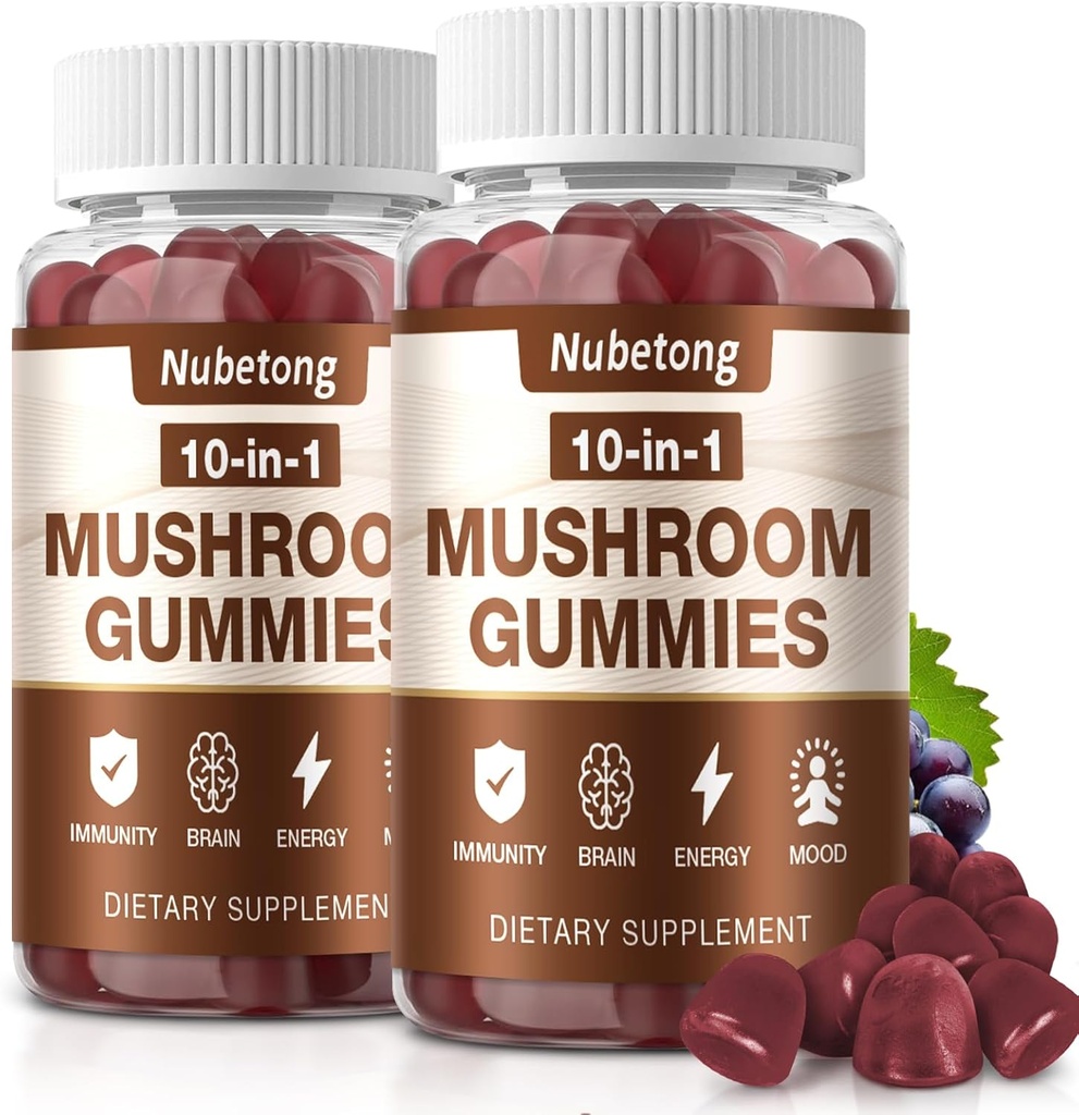 NUBETONG Mushroom Gummies - 10x συμπλήρωμα μανιταριών για ενήλικες με Mane, Reishi, Chaga και Τουρκία Tail - Booster εγκεφάλου, ανοσοποιητική υποστήριξη, ανακούφιση στρες και υποστήριξη εστίασης (2 Pack)