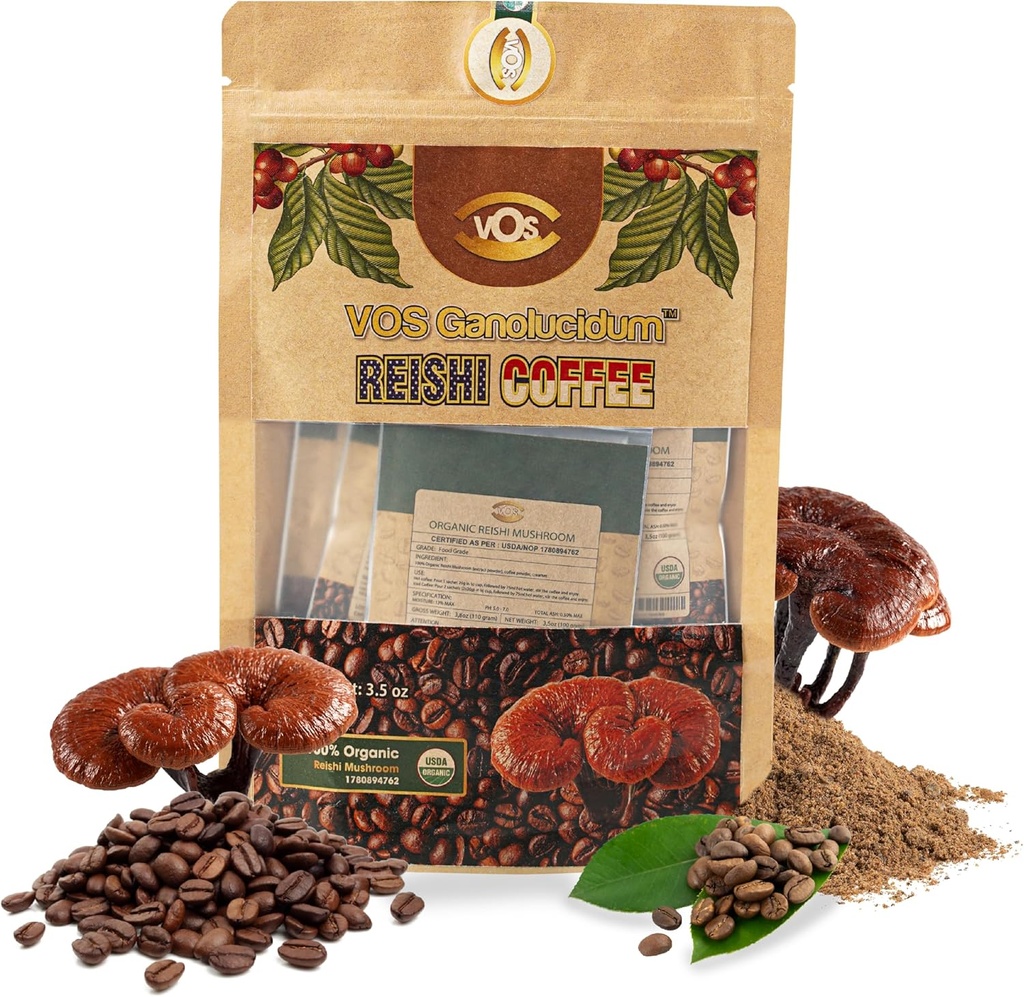 VOS GANOLUCIDUM - 100% βιολογικός καφές Reishi, 2 σε 1 μανιτάρι Reishi με καφέ, 5 φακελάκια, μεγάλη γεύση, συμπλήρωμα μανιταριών, υποστήριξη για την ενέργεια και την ασυλία συμπλήρωμα (0,7 oz το καθένα)