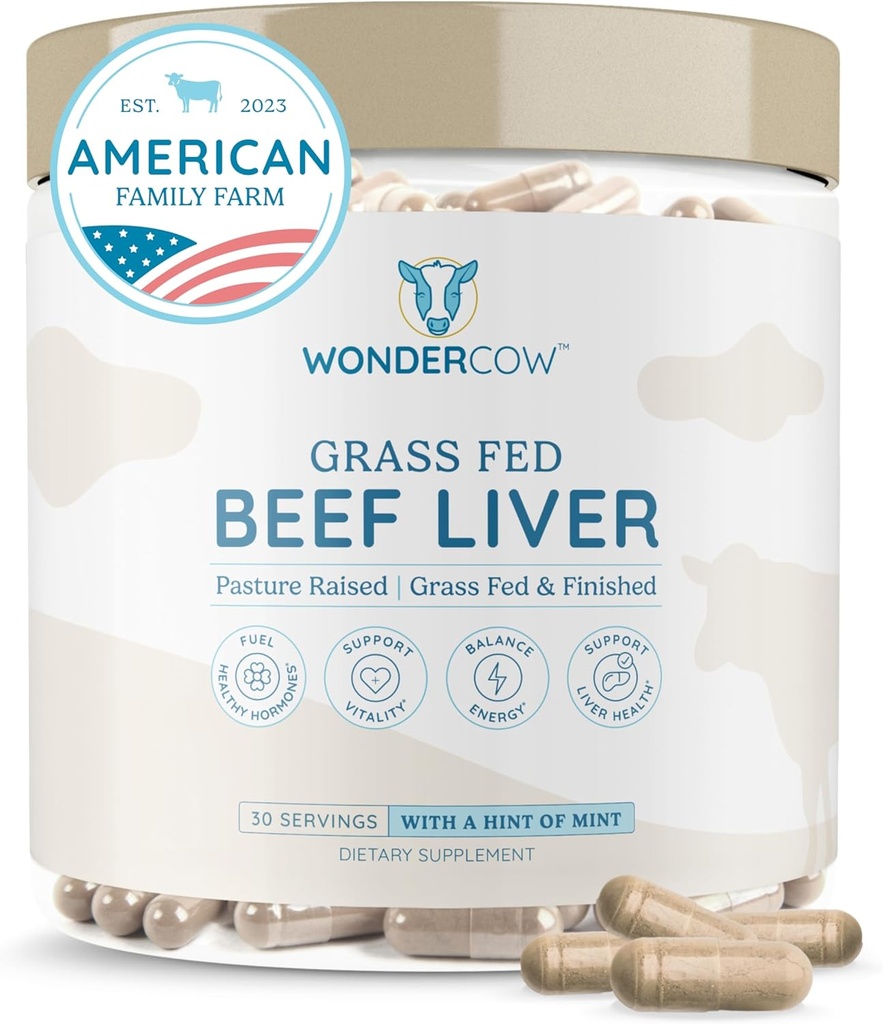 WONDERCOW Beef Liver Capsules Grass Fed Supplement - Αποξηραμένη & Φυσική Πηγή Πρωτεΐνης, Σιδήρου, Βιταμινών Α & Β- Ενισχύει την Ενέργεια και Ασυλία 