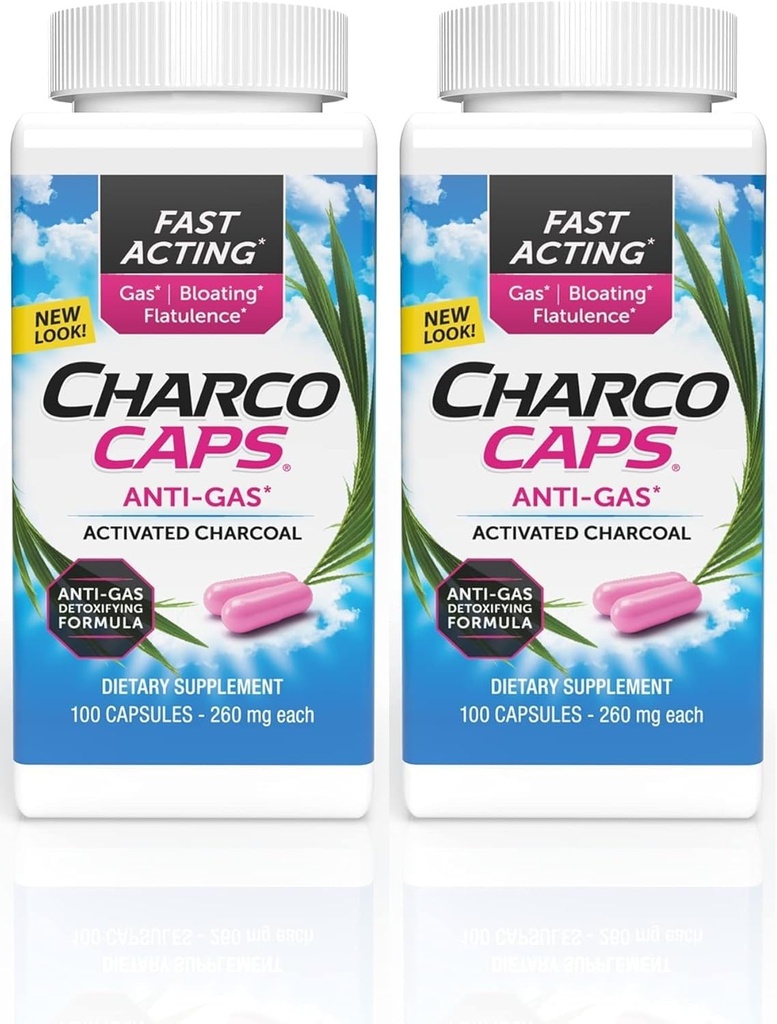 Charcocaps Fast Acting Gas Relief for Bloating & Flatulence, Drug Free Detoxifying Activated Charcoal Formula, 100 Capsules, 30 Day Supply, Pink- Pack of 2