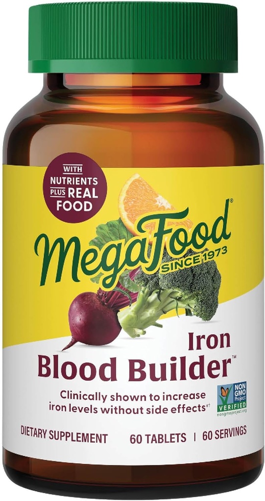 MegaFood Blood Builder Iron Supplement for Women & Men - Αυξήστε τα επίπεδα σιδήρου χωρίς παρενέργειες - Καταπολέμηση της Κόπωση - με βιταμίνη Β12, Φολικό οξύ & βιταμίνη C για απορρόφηση - Vegan - Χωρίς γεύση - 30 Count (Pack of 1)