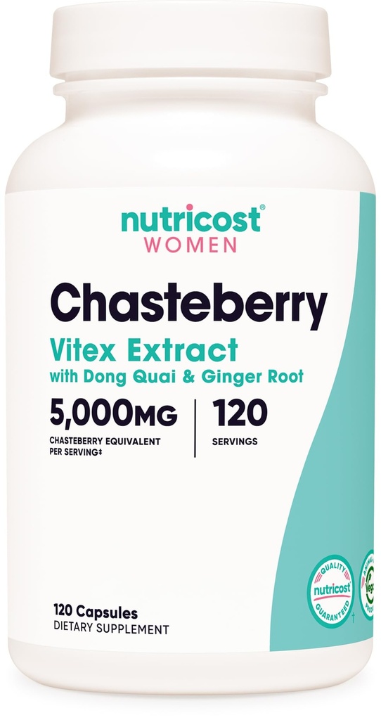 Nutricost Chasteberry συμπλήρωμα για τις γυναίκες 120 κάψουλες, 5000mg Ισοδύναμο ανά υπηρεσία (από 500mg των 10:1 εκχύλισμα), με Dong Quai & Ginger εκχύλισμα ρίζας, χορτοφαγικά, χωρίς γλουτένη και μη GMO