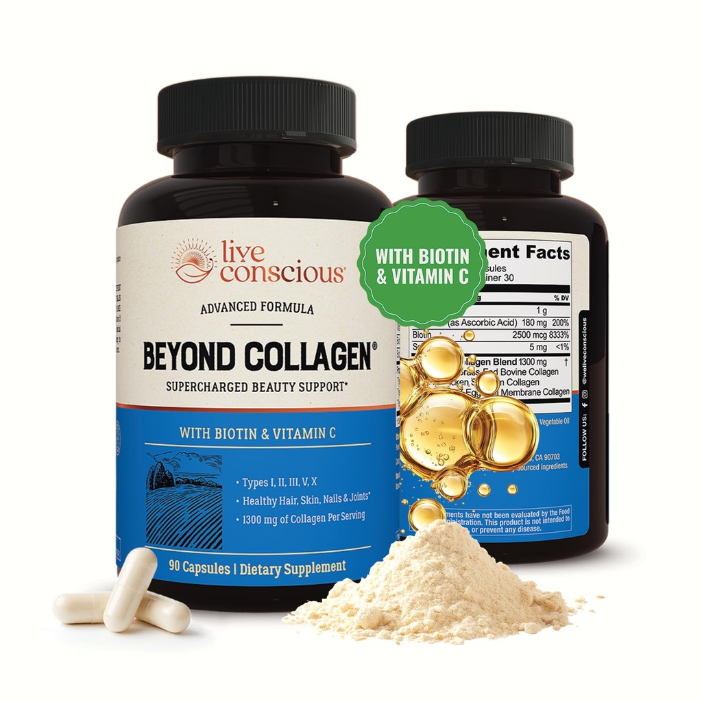 Live Consciious Beyond Collagen Multi Collagen Capses - Τύποι I, II, III, V & X - Υδρολυμένη με Βιοτίνη & Βιταμίνη C για τα μαλλιά, το δέρμα, τα νύχια 90 κάψουλες