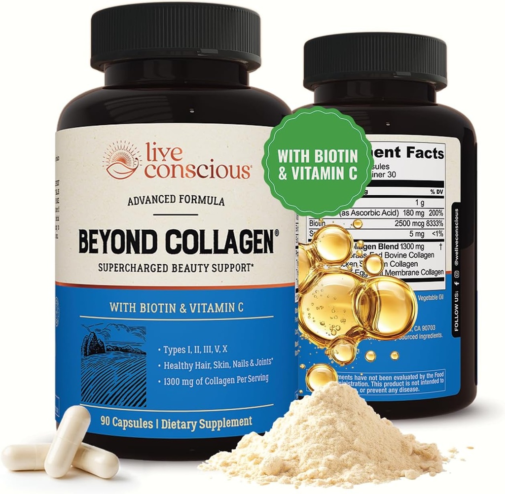 Live Consciious Beyond Collagen Multi Collagen Capses - Τύποι I, II, III, V & X - Υδρολυμένη με Βιοτίνη & Βιταμίνη C για τα μαλλιά, το δέρμα, τα νύχια 90 κάψουλες