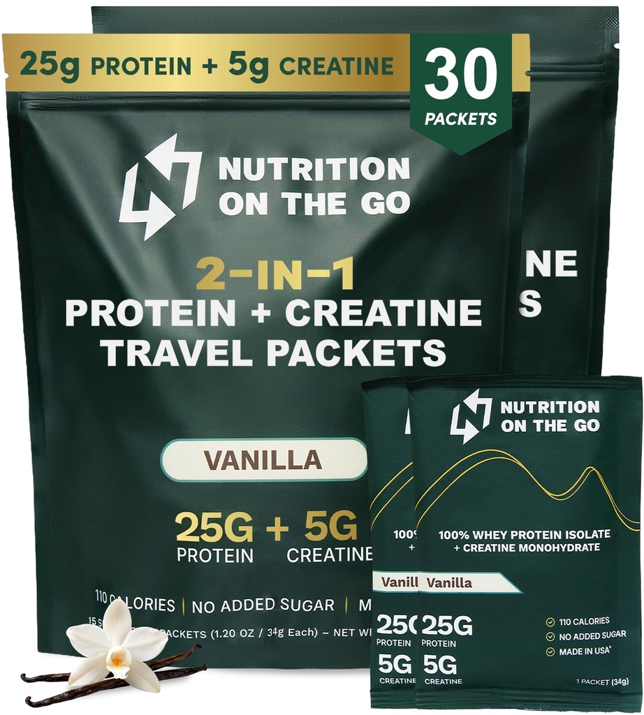 Διατροφή On The Go Whey Protein Isolate πακέτα με Creatine – 25g πρωτεΐνη + 5g Creatine – Single-Serve Travel Protein Powder – Βανίλια (30-Pack)